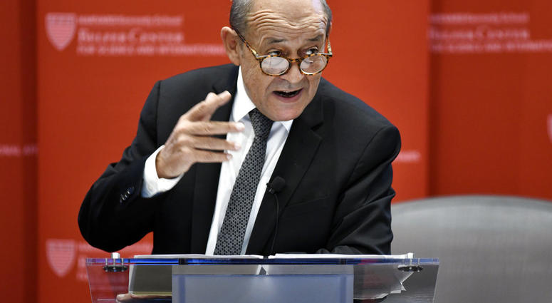 French Foreign Affairs Minister Jean-Yves Le Drian speaks at the Kennedy School of Government at Harvard University in Cambridge, Mass., on Friday, Sept. 28, 2018. Le Drian said France's leaders are proposing a new international coalition to revive global