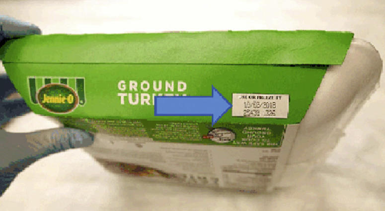 This image provided by Hormel Foods Corporation shows the production code information on the side of the sleeve of Jennie-O-Turkey that is being recalled. (Hormel Foods Corporation via AP)