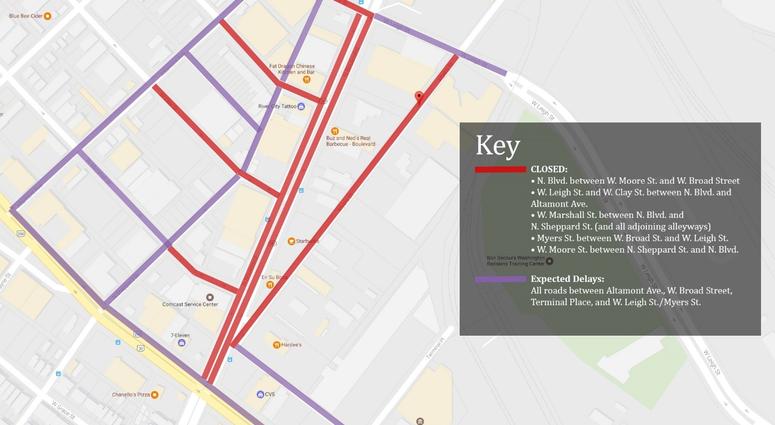 Map of street closures for Shamrock the Block on Saturday, March 16th, 2019. (Richmond Police)