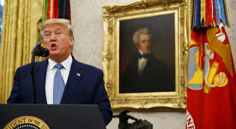 President Donald Trump speaks during a ceremony to present the Presidential Medal of Freedom to former Attorney General Edwin Meese, in the Oval Office of the White House, Tuesday, Oct. 8, 2019, in Washington. (AP Photo/Alex Brandon)