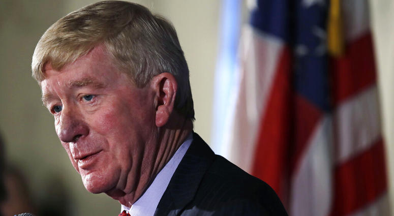 Former Massachusetts Gov. William Weld addresses a gathering during a New England Council 'Politics & Eggs' breakfast in Bedford, N.H., Friday, Feb. 15, 2019. Weld announced he's creating a presidential exploratory committee for a run in the 2020 election