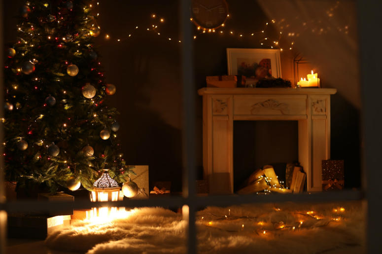 Stylish living room interior with decorated Christmas tree and fireplace at night, view through window Stylish living room interior with decorated Christmas tree and fireplace at night, view through window