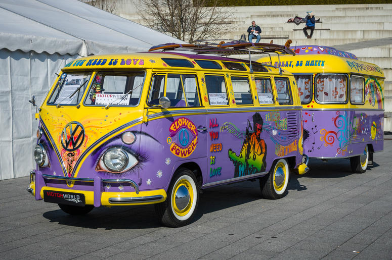 Van Volkswagen T1 Deluxe (Samba Bus) with a trailer, 1966. Van Volkswagen T1 Deluxe (Samba Bus) with a trailer, 1966.