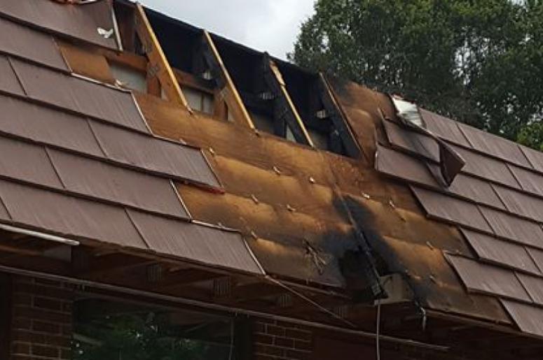 Seen is the damage to the roof of Swagg Bar & Grill at 1418 White Horse Road in Greenville, SC 29605 Swagg Bar and Grill had an electrical fire!