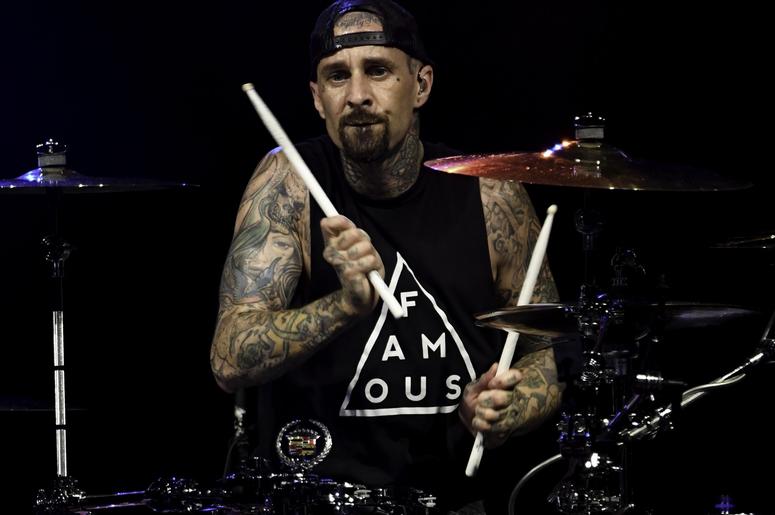 Blink-182 drummer Travis Barker performs at Perfect Vodka Amphitheater Blink-182 drummer Travis Barker performs at Perfect Vodka Amphitheater