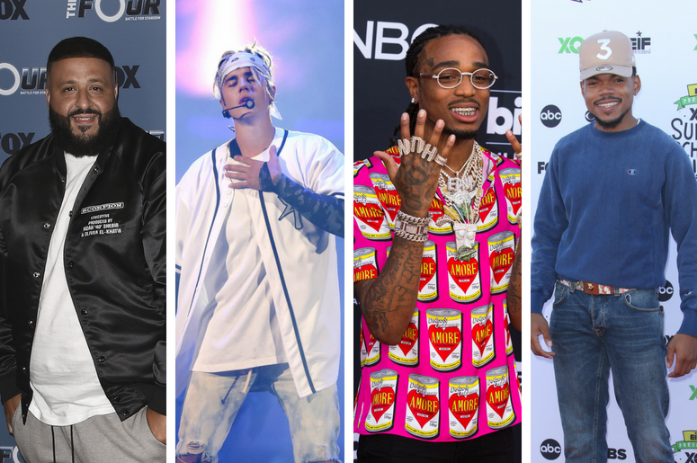 DJ Khaled | Justin Bieber | Quavo | Chance The Rapper DJ Khaled and Sean "Diddy" Combs at Fox's "The Four: Battle for Stardom" Season 2 red carpet at CBS Radford Studios on May 30, 2018 in Studio City, California. / Justin Bieber performs at Allstate Arena on Friday, April 22, 2016 in Rosemont, Ill. / Quavo