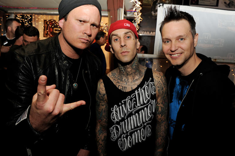 Musicians Tom DeLonge, Travis Barker and Mark Hoppus of blink-182 pose at a press party of announce the 2011 Honda Civic Tour featuring blink-182 Musicians Tom DeLonge, Travis Barker and Mark Hoppus of blink-182 pose at a press party of announce the 2011 Honda Civic Tour featuring blink-182