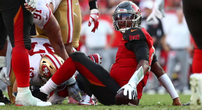 Tampa Bay Buccaneers quarterback Jameis Winston (3) looks on as he was sacked by San Francisco 49ers defensive end Nick Bosa (97) during the second half at Raymond James Stadium Tampa Bay Buccaneers quarterback Jameis Winston (3) looks on as he was sacked by San Francisco 49ers defensive end Nick Bosa (97) during the second half at Raymond James Stadium