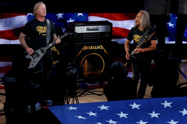 The American national anthem is performed by Metallica prior to game Three of the 2019 NBA Finals The American national anthem is performed by Metallica prior to game Three of the 2019 NBA Finals