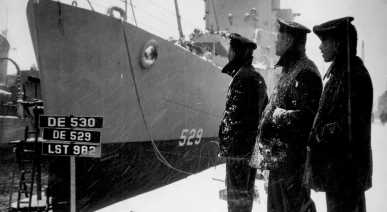 March 20, 1944 Negro sailors of the U.S.S. Mason (DE 529) commissioned at Boston Navy Yard proudly look over their ship which is the first to have a predominately Negro crew