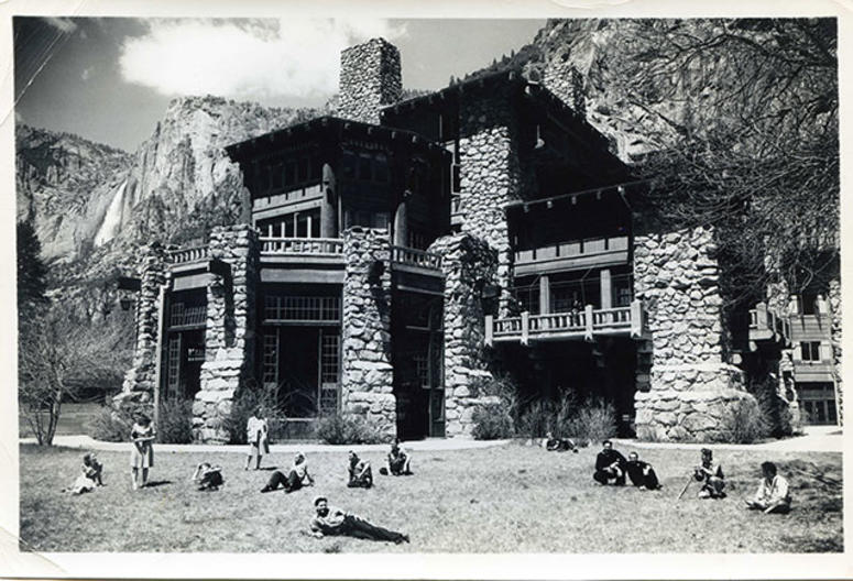 Sailors recline in the front of the icon Ahwahnee Hotel at Yosemite National Park. WWIIYosemiteNationalPark