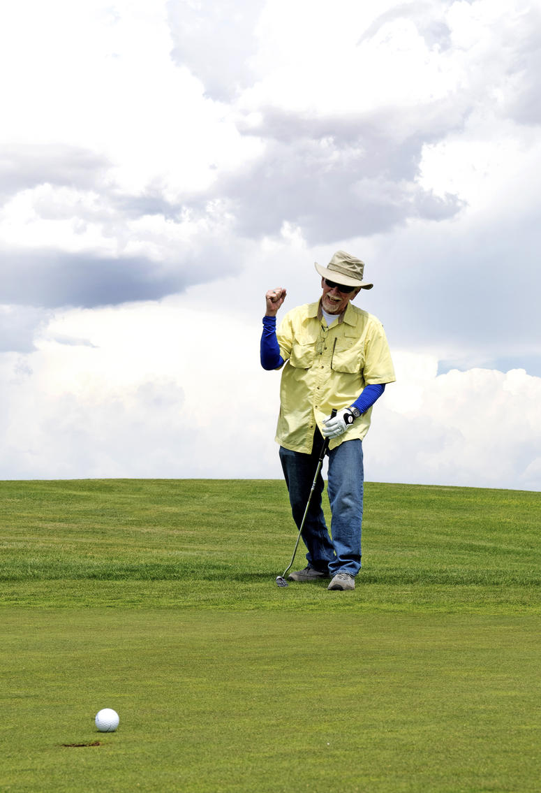 U.S. Army Veteran Henry Davis celebrates as his ball is about to go into the hole at the Twin Warriors Golf Club, Bernalillo, New Mexico. U.S. Army Veteran Henry Davis celebrates as his ball is about to go into the hole at the Twin Warriors Golf Club, Bernalillo, New Mexico.