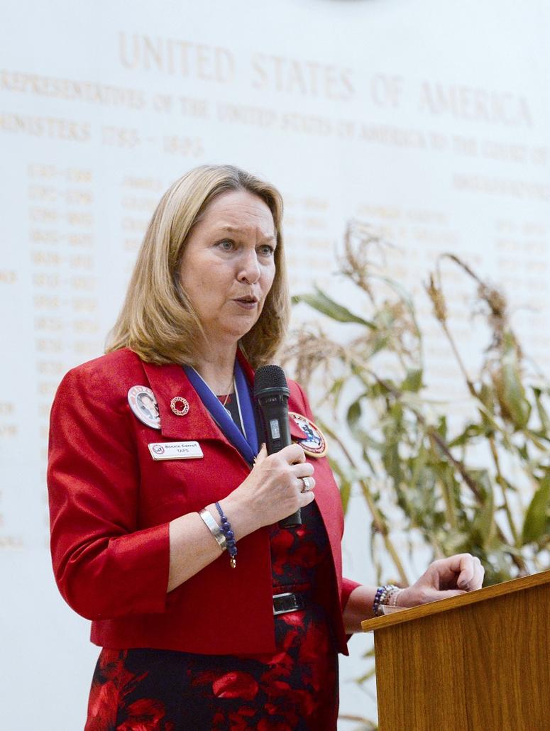 TAPS President, Bonnie Carroll speaking at a Tragedy Assistance Program for Survivors (TAPS) special gathering for family members of U.S. and U.K. fallen military at the American Embassy in London in October, 2017.