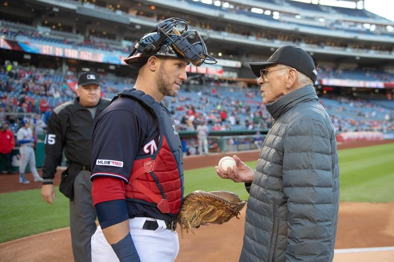 WWII Marine veteran Walter Greene delivered the game ball to the Washington Nationals on Tuesday, May 14, 2019. MarineveterandeliversNatsball2
