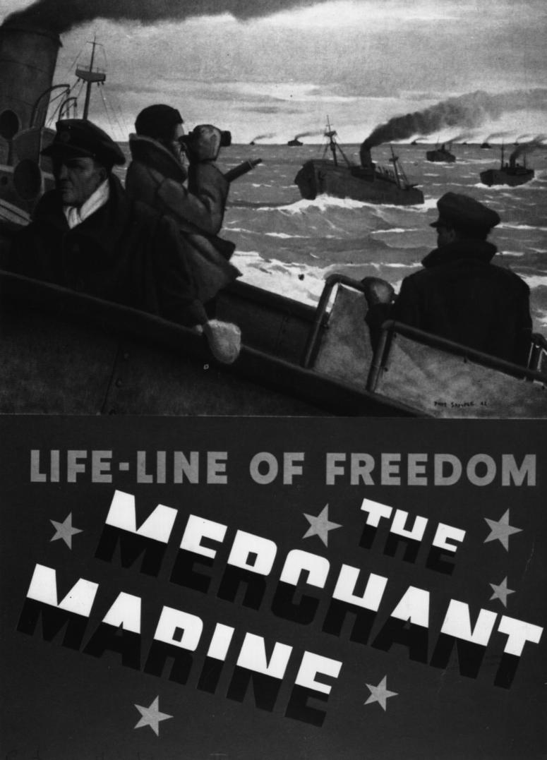 Circa 1942: A poster showing the role of the Merchant Marines in bringing supplies to soldiers abroad and generating morale among the services. MerchantMarinePoster