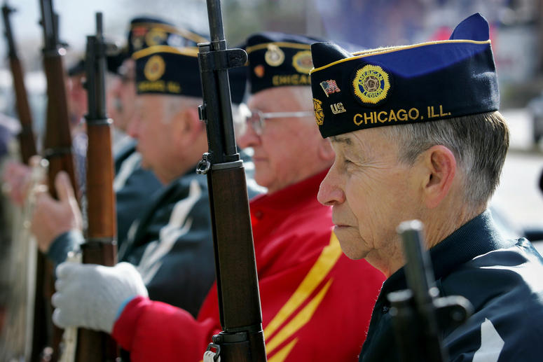 Members of the American Legion Post 220 prepare for a rifle salute during a Veterans Days ceremony November 11, 2004 in Chicago, Illinois. About 30 people gathered for the small ceremony on the eastern edge of the city. Members of the American Legion Post 220 prepare for a rifle salute during a Veterans Days ceremony November 11, 2004 in Chicago, Illinois. About 30 people gathered for the small ceremony on the eastern edge of the city.