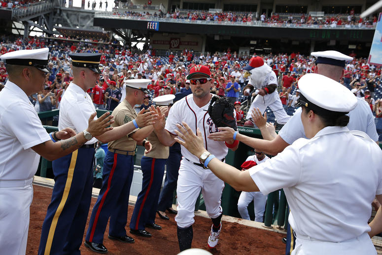 Nationals first baseman Ryan Zimmerman takes field through “lineup tunnel” of honored military members Nationals first baseman Ryan Zimmerman takes field through “lineup tunnel” of honored military members