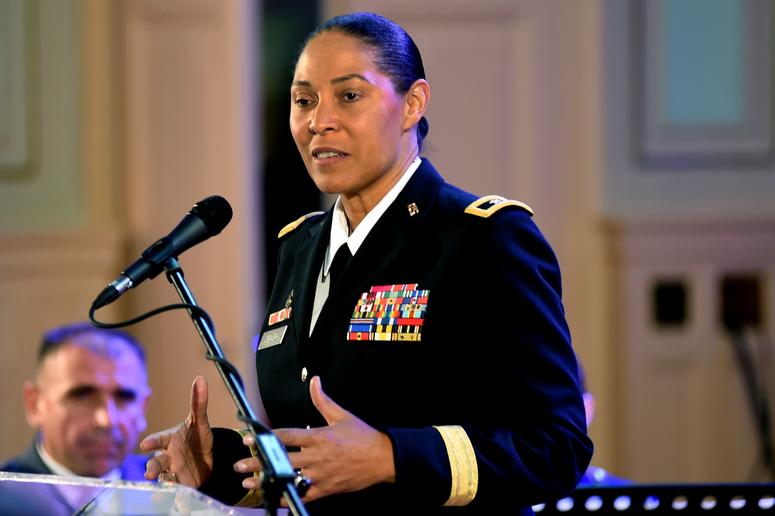 Army Maj. Gen. Linda Singh, the adjutant general of the Maryland National Guard, speaks on the relationship between the Maryland Guard and the Bosnia-Herzegovina armed forces during an event in Sarajevo, Bosnia, commemorating 15 years as partners in the D MarylandArmyNationalGuardAllFemale