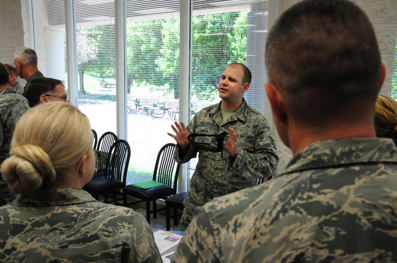 Members of the 118th Wing attend an annual (SABC) Self Aid and Buddy Care course, April 11, 2015. The training is designed to prepare Airmen for emergency response medical situations including breathing, burns, wounds and broken limbs.