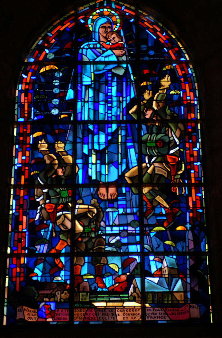 One of the stained glass windows in the church in Ste. Mere Eglise, France, that is dedicated to the paratroopers who liberated the town on June 6, 1944