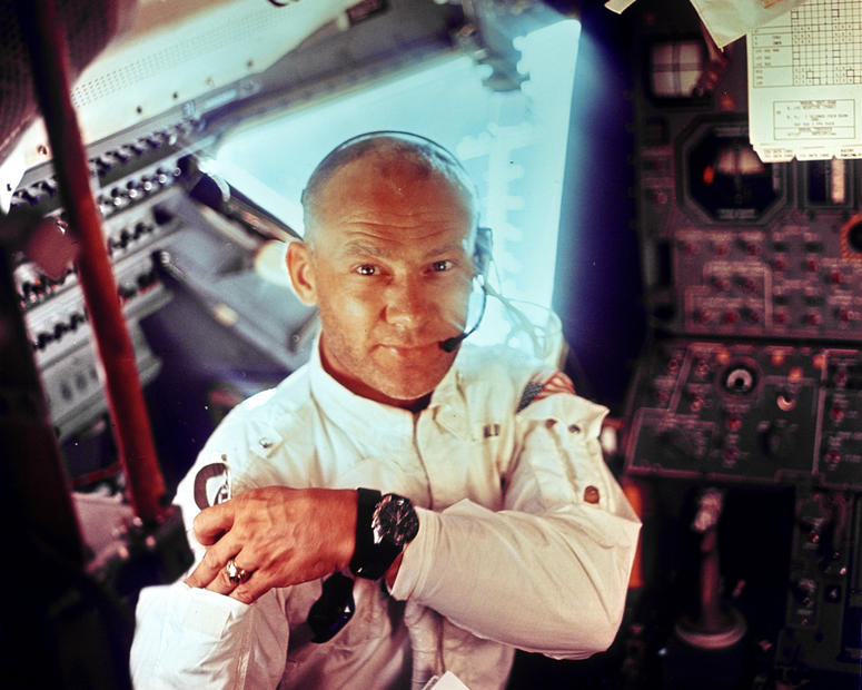 This July 20, 1969 photograph of the interior view of the Apollo 11 Lunar Module shows astronaut Edwin E. "Buzz" Aldrin during the lunar landing mission.