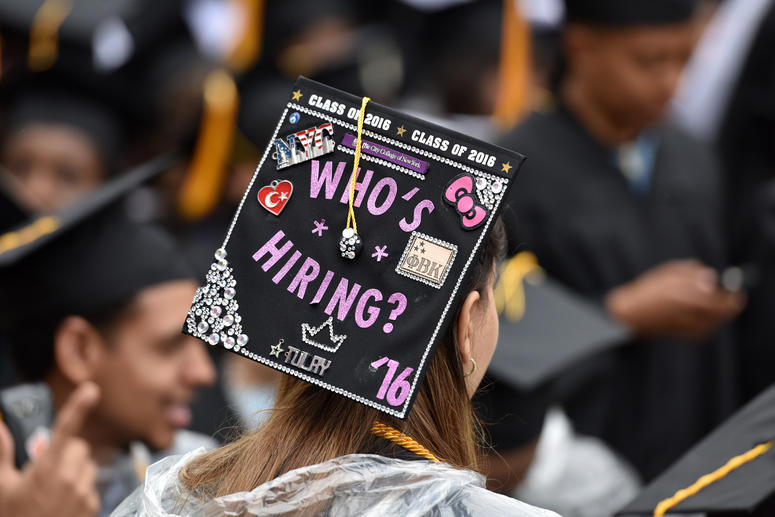 A graduating students wear decorated graduation caps at the 2016 City College of New York Commencement ceremonies in New York, NY, on June 3, 2016.