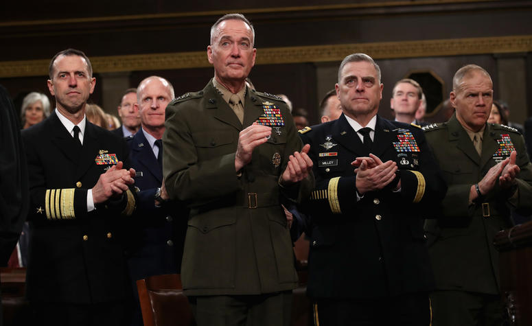 Chief of Naval Operations Adm. John Richardson (L-R), Chairman of the Joint Chiefs of Staff Gen. Joseph Dunford, Chief of Staff of the Army Gen. Mark Milley, and Commandant of the Marine Corps Gen. Robert Neller.