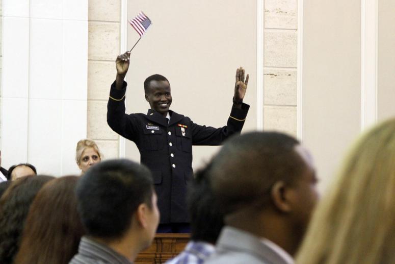 Pfc. Fortytwo Chotper, a unit supply specialist with the 1168th Transportation Company, Iowa Army National Guard based in Perry, Iowa, earned his U.S. citizenship during a ceremony in Des Moines, Iowa, on October 6th, 2017