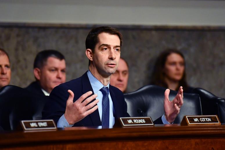 Sen. Tom Cotton during a hearing on the proposal to establish a United States Space Force during a Senate Armed Services Committee hearing in Washington, D.C., April 11, 2019. Arkansas Sen. Tom Cotton questions Acting Secretary of Defense Patrick M. Shanahan, Secretary of the Air Force Heather Wilson, Chairman of the Joint Chiefs of Staff Gen. Joseph F. Dunford, and Commander, United States Strategic Command Gen. John E. Hyten