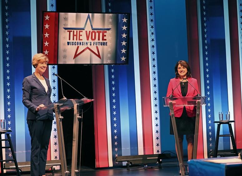 Tammy Baldwin at left and Leah Vukmir at right before the debate started. U.S. Senate debate between Leah Vukmir and Tammy Baldwin at the UW-Milwaukee Peck School of the Arts.