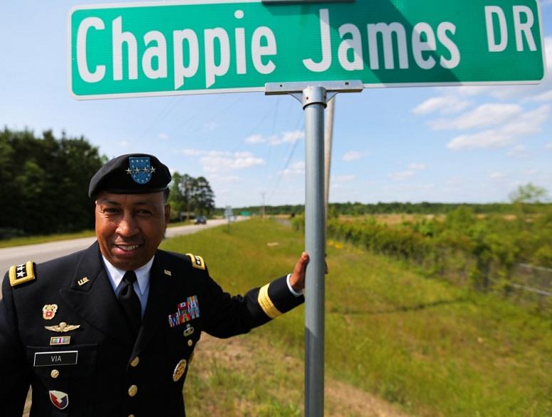 Retired Gen. Dennis L. Via stops at Chappie James Drive. Retired Gen. Daniel "Chappie" James was the first African-American four-star general and a Tuskegee Airman. Via is the only Signal Corps officer in the Army to attain the rank of four-star General.
