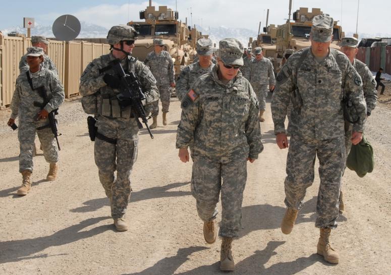 Army Gen. Ann Dunwoody, Army Materiel Command commander, tours Forward Operating Base Shank with the Task Force Spartan command group, Feb. 28. Dunwoody's visit was to observe the conditions and learn about the base expansion.