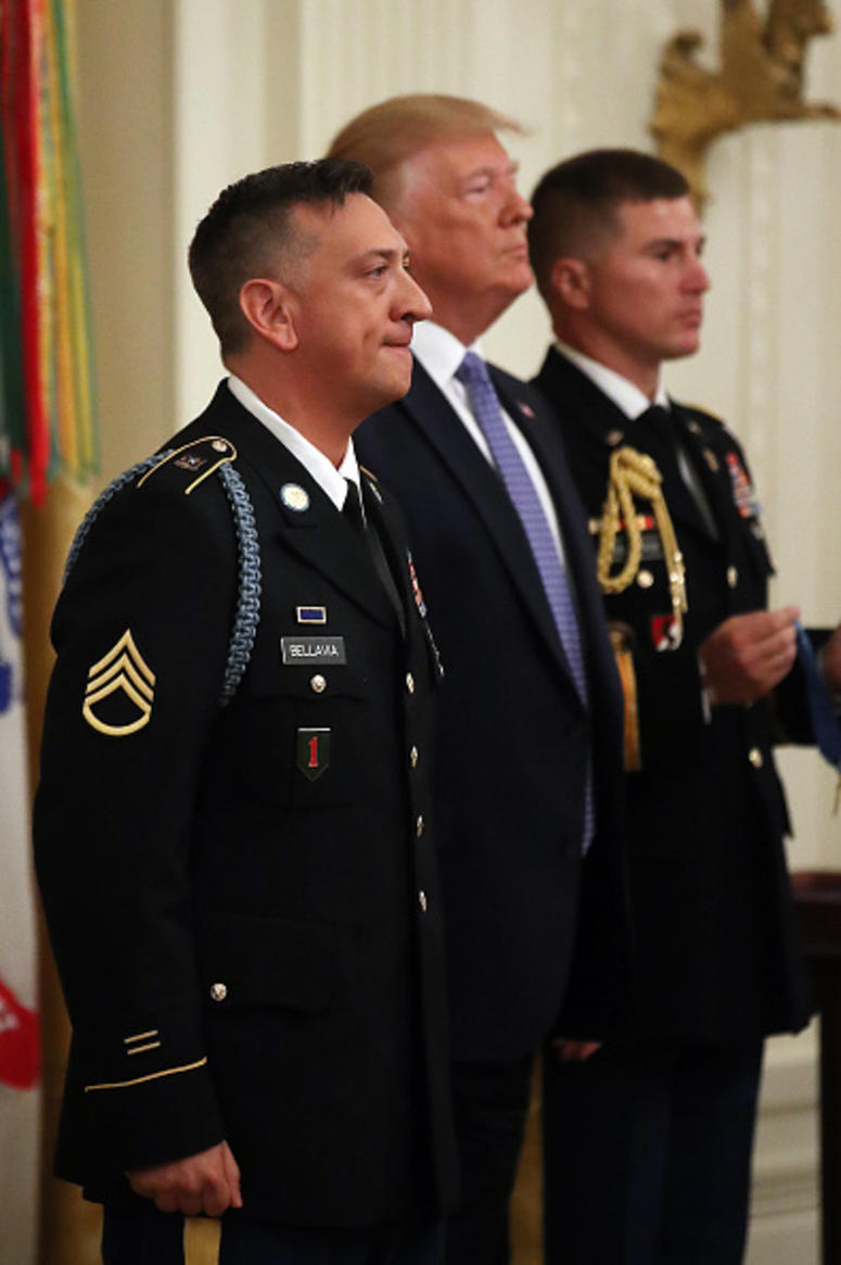 U.S. President Donald Trump awards the Medal of Honor the U.S. Army Staff Sgt. David Bellavia Ret., during a ceremony in the East Room at the White House, on June 25, 2019 in Washington, DC. Bellavia