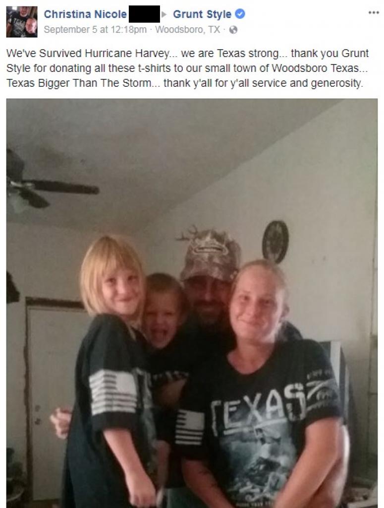 A post thanking Grunt Style for their efforts in Woodsboro, Texas