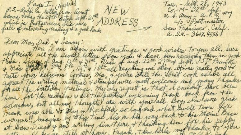 A letter from Ralph Eyde to his family alerting them to both his new mailing address and a recent "slight head wound" he suffered in combat. Letters From War