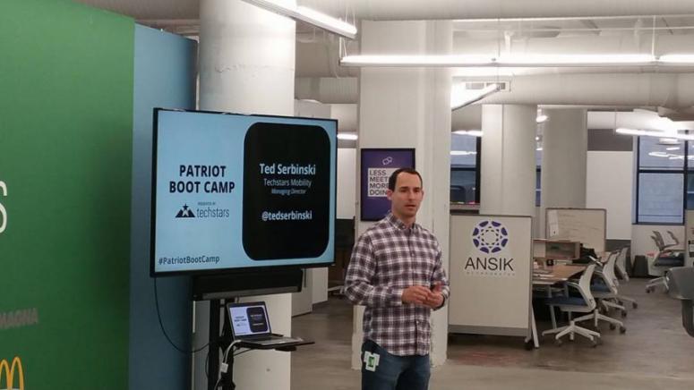 Ted Serbrinski, Managing Director of Techstars Mobility speaks at a Patriot Boot Camp event. Patriot Boot Camp