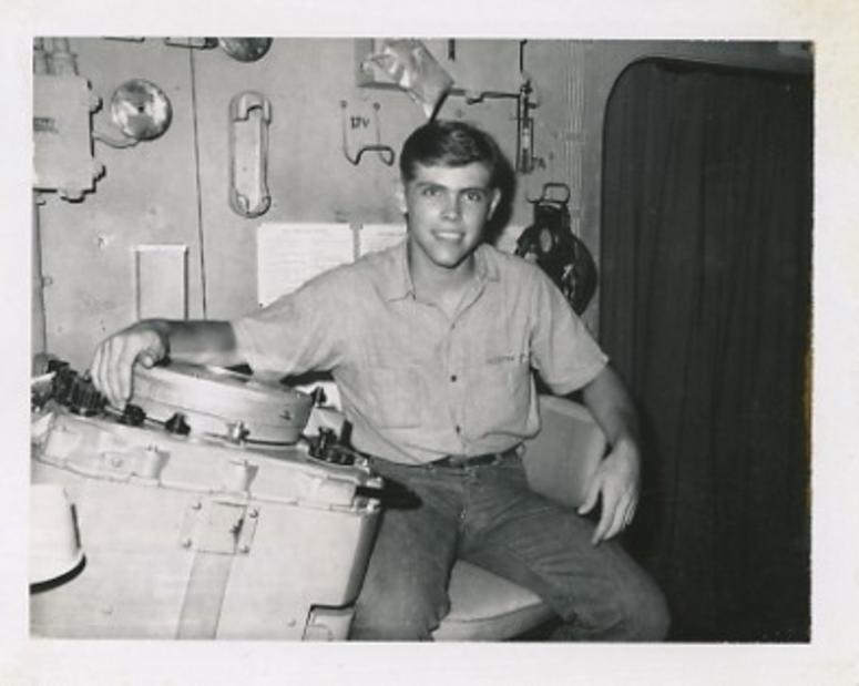 Raymond Pierson seen sitting at a radar scope inside the Combat Information Center aboard the USS Ponchatoula in 1968.