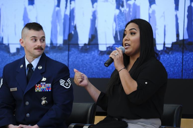 Transgender airman, Staff Sgt. Logan Ireland, and his wife, Laila, speak to an audience in Polaris Hall about transgender issues during the National Character and Leadership Symposium hosted by the U.S. Air Force Academy, Feb. 22-23, 2018