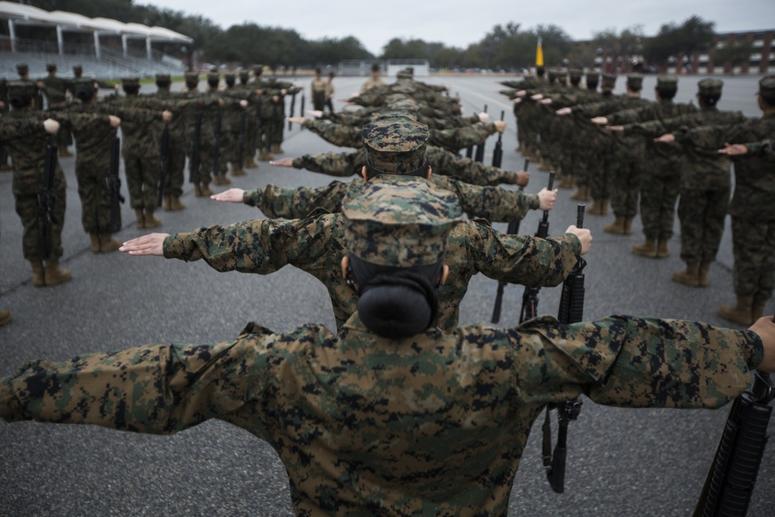Papa Company recruits get their spacing during a final drill evaluation, at Marine Corps Recruit Pool Parris Island, S.C. on Jan. 23 2018
