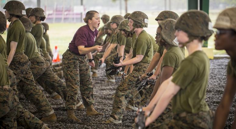 U.S. Marine Corps Sgt. Hollie Mulvihill of Platoon 4023, Papa Company, 4th Recruit Training Battalion, supervises recruits during a Marine Corps Martial Arts Program training session New commandant says more integration coming for Marine Corps boot camp