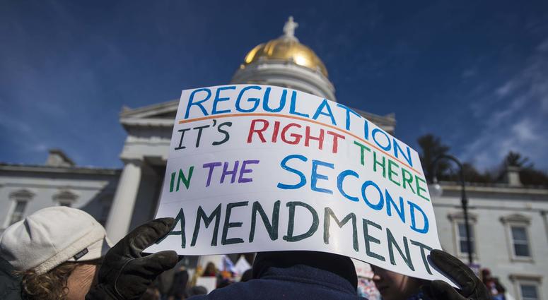 View of a sign at the rally at the statehouse in Montpelier on Saturday, March 24, 2018.