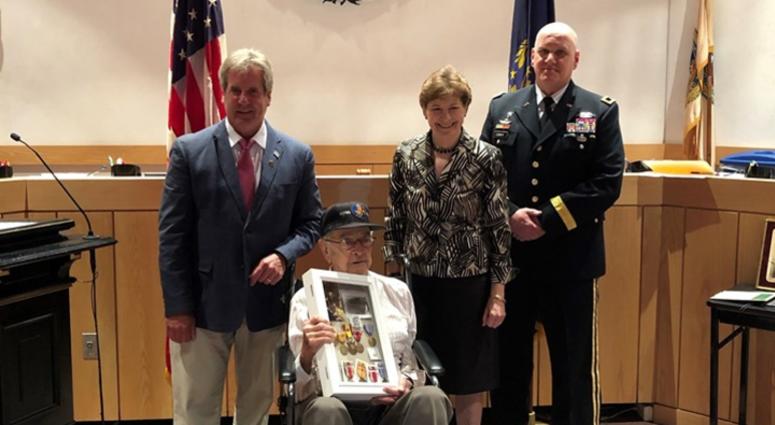 Democratic Sen. Jeanne Shaheen, Portsmouth Mayor Jack Blalock and Brigadier General William Conway of the New Hampshire Army National Guard awarded several medals to Antonio Vaccaro Friday in Portsmouth. Democratic Sen. Jeanne Shaheen, Portsmouth Mayor Jack Blalock and Brigadier General William Conway of the New Hampshire Army National Guard awarded several medals to Antonio Vaccaro Friday in Portsmouth.