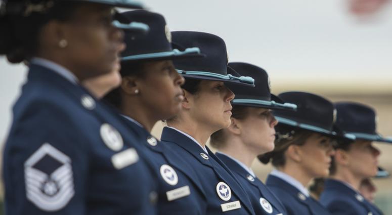 Military training Instructors with the 737th Training Group march in a all female mass during a basic military training graduation March 9, 2018 at Joint Base San Antonio-Lackland, TX.