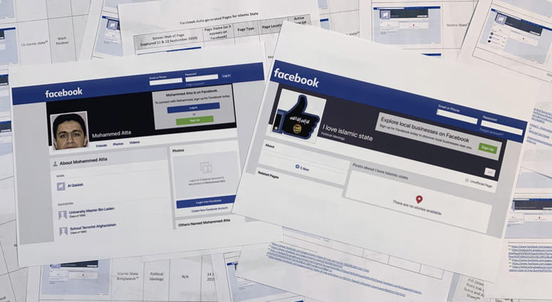 Pages from a confidential whistleblower's report obtained by The Associated Press, along with two printed Facebook pages that were active on Tuesday, Sept. 17, 2019, are photographed in Washington. Facebook likes to say that its automated systems remove t Facebook auto-generating pages for Islamic State, al-Qaida