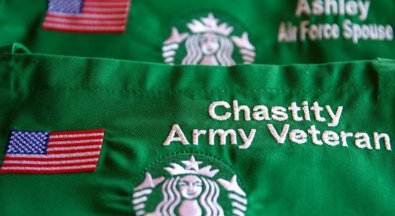 Starbucks aprons show their commitment to hiring veterans and mliitary spouses. Starbucks aprons show their commitment to hiring veterans and mliitary spouses.