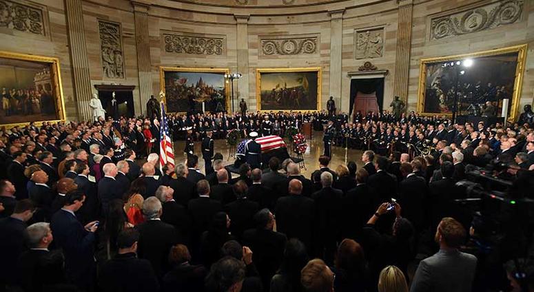 Dec 3, 2018; Washington, DC, U.S.A; President George H.W. Bush arrives to lie in state at the U.S. Capitol Rotunda. The late president will lie in state until 7 a.m. Wednesday, Dec. 5, 2018.