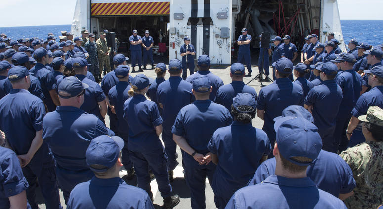 Coast Guard Vice Adm. Linda Fagan, commanding officer of U.S. Coast Guard Pacific Area, addresses the crew of the U.S. Coast Guard Cutter Bertholf (WMSL 750), the Coast Guard Maritime Security Response Team-West, and Sailors assigned to Helicopter Sea Com
