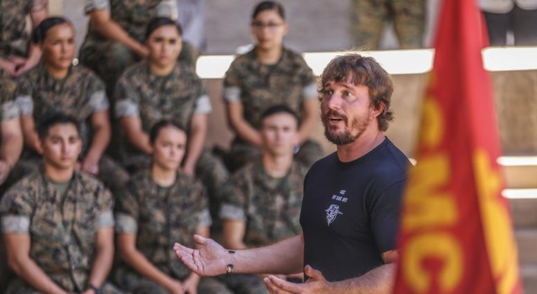 Medal of Honor recipient, Dakota Meyer, speaks to Marines with 1st Marine Logistics Group about leadership and the opportunities they have to impact the Marine Corps during a visit at Camp Pendleton, 30 Aug., 2018.