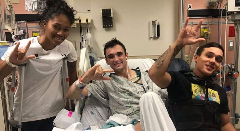 Sgt. Aechere Crump and Pfc. Victor Alamo visit with Spc. Ezra Maes during their recovery at Brooke Army Medical Center. Crump and Alamo survived the tank accident with Maes in early 2018. Soldier self-amputates leg to aid battle buddies