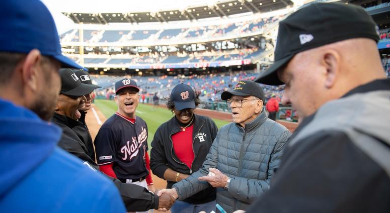 WWII Marine veteran Walter Greene delivered the game ball to the Washington Nationals on Tuesday, May 14, 2019. WWIIveterandeliversNatsball